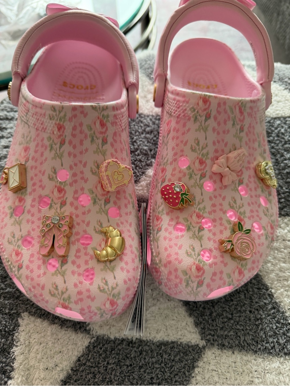 LoveShackFancy Pink Floral Clog Mules with Decorative Charms